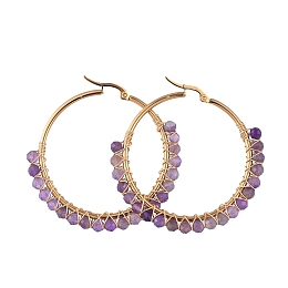 Honeyhandy Beaded Hoop Earrings, with Natural Amethyst Beads, Golden Plated 304 Stainless Steel Hoop Earrings, 50mm, Pin: 0.6x1mm