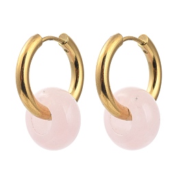 Honeyhandy 304 Stainless Steel Huggie Hoop Earrings, with 316 Surgical Stainless Steel Pin and Rondelle Natural Rose Quartz Beads, Golden, 25mm, Pin: 0.9mm