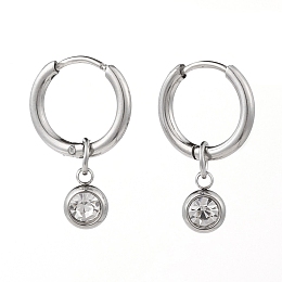 Honeyhandy 304 Stainless Steel Huggie Hoop Earrings, with Rhinestone Birthstone Charms, Flat Round, Crystal, Stainless Steel Color, 22mm, Pin: 1mm