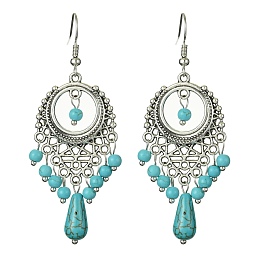 Honeyhandy Synthetic Turquoise Beaded Long Drop Earrings, Tibetan Style Alloy Chandelier Earrings with Brass Pins, 63x24.5mm