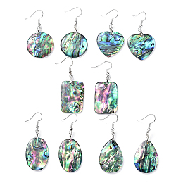 Honeyhandy Abalone Shell/Paua Shell Dangle Earrings, with Brass Ice Pick Pinch Bails and Earring Hooks, Mixed Shape, Platinum, 47~56mm, Pin: 0.7mm