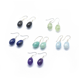 Honeyhandy Natural Gemstone Dangle Earrings, with 925 Sterling Silver Finding, Platinum, Oval, 31~32mm, Pin: 0.4mm