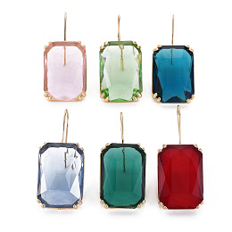 Honeyhandy Faceted Rectangle Glass Dangle Earrings, with Brass Findings, Long-Lasting Plated, Light Gold, Mixed Color, 45mm, Pin: 0.8mm