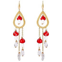 Honeyhandy Natural Quartz Crystal Teardrop & Lampwork Mushroom Chandelier Earrings, Golden 316 Surgical Stainless Steel Long Tassel Drop Earrings for Women, Red, 120x20mm, Pin: 0.8mm