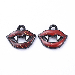 Honeyhandy Black Alloy Enamel Pendant, Fangs Mouth For Halloween, Black, 11x13x2mm, Hole: 2mm