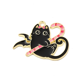 Honeyhandy Halloween Theme Alloy Enamel Pendants, Light Gold, Cat Charm, Candy Cane Pattern, 24x31x1.5mm, Hole: 2.2mm