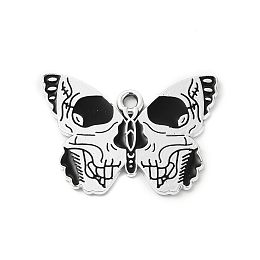 Honeyhandy Halloween Alloy Enamel Pendants, Butterfly with Skull Charm, Platinum, Black, 20x28x1mm, Hole: 2mm