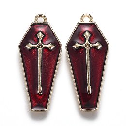 Honeyhandy Halloween Theme Alloy Enamel Pendants, Red Coffin with Cross, Light Gold, 25.5x11x3mm, Hole: 1.2mm