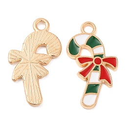 Christmas Light Gold Tone Alloy Enamel Pendants, Cadmium Free & Lead Free, Candy Cane Charm, White, 22x12x1mm, Hole: 1.5mm