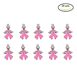 PandaHall Elite 20 PCS Pearl Pink Breast Cancer Awareness Ribbon with Angel Wing Alloy Rhinestone Enamel Pendants, 23.5x15x2mm