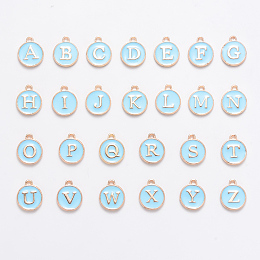 Golden Plated Alloy Enamel Charms, Enamelled Sequins, Flat Round with Alphabet, Letter A~Z, Turquoise, Light Sky Blue, 14x12x2mm, Hole: 1.5mm; 26pcs/set