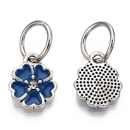 Honeyhandy Enamel Style Flower Alloy Rhinestone Charms, with Iron Findings, Antique Silver, Midnight Blue, 13.5x11x3mm, Hole: 6mm