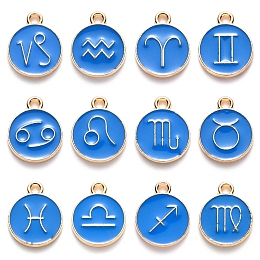 Honeyhandy Alloy Enamel Pendants, Flat Round with Constellation, Dodger Blue, 15x12x2mm, Hole: 1.5mm, about 12pcs/set