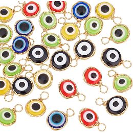 Arricraft 30 Pcs Evils Eye Charms, Mixed Color Flat Round Evils Eye Pendants Real 18K Gold Plated Resin Bead Charms for Jewelry Crafts Making DIY Bracelet Necklace Earrings