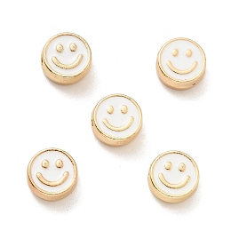 Honeyhandy Alloy Enamel Beads, Golden, Flat Round with Smiling Face, White, 8x4mm, Hole: 1.6mm