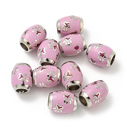 Platinum Tone Alloy Enamel European Beads, Large Hole Beads, Oval with Paw Print, Flamingo, 13.5x11mm, Hole: 5mm