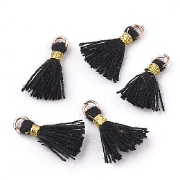 Honeyhandy Polycotton(Polyester Cotton) Tassel Pendant Decorations, Mini Tassel, with Iron Findings and Metallic Cord, Light Gold, Black, 10~15x2~3mm, Hole: 1.5mm