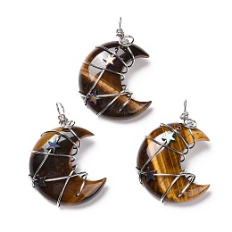 Honeyhandy Natural Tiger Eye Pendants, with Platinum Tone Brass Wire Wrapped and Hematite Star Beads, Cadmium Free & Lead Free, Moon, 45.5~47x32.5~33.5x11~12mm, Hole: 5mm