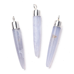 Honeyhandy Natural Blue Lace Agate Brass Pendants, Cadmium Free & Lead Free, Bullet Shaped, Silver Color Plated, 33~37x4~5mm, Hole: 2mm