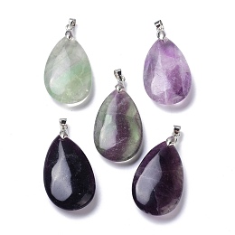 Honeyhandy Natural Fluorite Pendants, with Brass Finding, Teardrop, 35x20x7.5~9mm, Hole: 4x3.5mm