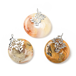 Honeyhandy Natural Crazy Agate Pendants, with Stainless Steel Color Tone 304 Stainless Steel Findings, Leaf with Donut/Pi Disc Charm, 37~38x30x10~11mm, Hole: 3mm