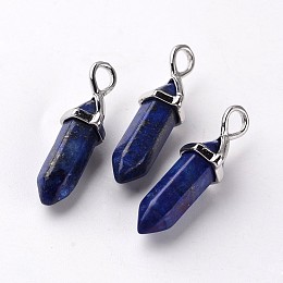 Honeyhandy Bullet Natural Lapis Lazuli Pendants, with Platinum Tone Random Alloy Pendant Hexagon Bead Cap Bails, 27~31x10x8mm, Hole: 4x3mm