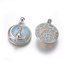 Honeyhandy Opalite Kitten Pendants, with Brass Findings, Flat Round with Cat & Crescent Moon Shape, Platinum, 32x28~29x10~10.5mm, Hole: 4x6mm