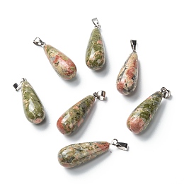 Honeyhandy Natural Unakite Pendants, with Platinum Brass Findings, Teardrop, 26.5~29x10mm, Hole: 2.5~3.5x4~6mm