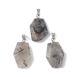 Honeyhandy Natural Black Rutilated Quartz Pendants, Faceted Polygon Charms, with Stainless Steel Color Plated 201 Stainless Steel Snap on Bails, 21~29x16~23x6~8mm, Hole: 2x7mm