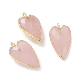 Honeyhandy Natural Rose Quartz Pendants, Faceted Heart Charms, with Golden Plated Brass Edge Loops, 22.5x13x7.5mm, Hole: 3mm