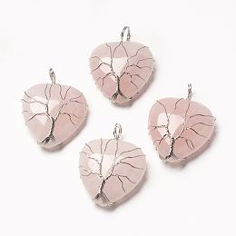 Honeyhandy Natural Rose Quartz Pendants, with Brass Findings, Heart, Platinum, 39~42x30~31x10~11mm, Hole: 5mm