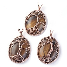 Honeyhandy Natural Tiger Eye Big Pendants, with Rose Gold Tone Brass Findings, Oval with Tree of Life, 56~58.5x35~36x12~13.8mm, Hole: 4.2~5.2x4.6~6mm