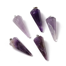 Honeyhandy Natural Amethyst Pendants, with Platinum Plated Brass Findings, Faceted, Cone, 35~36x13~14x12~12.5mm, Hole: 2.7x6.5mm