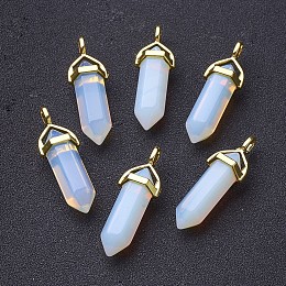 Honeyhandy Opalite Double Terminated Pointed Pendants, with Random Alloy Pendant Hexagon Bead Cap Bails, Bullet, Golden, 37~40x12.5x10mm, Hole: 3x4.5mm