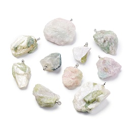 Honeyhandy Natural Green Tourmaline Pendants, Rough Raw Stone, with Brass Loop, Grade AAA, Long-Lasting Plated, Nuggets, Platinum, 19~29.5x12.5~23x5.3~9.5mm, Hole: 1.6mm