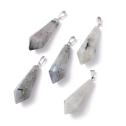 Honeyhandy Natural Labradorite Pointed Pendants, with Platinum Plated Brass Loops, Bullet, 35.3~38x13~14mm, Hole: 6.5x2.8mm