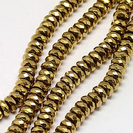 Honeyhandy Electroplate Non-magnetic Synthetic Hematite Beads Strands, Faceted, Rondelle, Grade A, Golden Plated, 8x4mm, Hole: 1.2mm, about 83pcs/strand, 16 inch