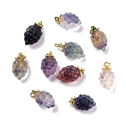 Honeyhandy Autumn Theme Natural Fluorite Carved Pendants, with Golden Plated Brass Findings and Green Enamel, Grape, 18.5~20x11.5mm, Hole: 3.6mm