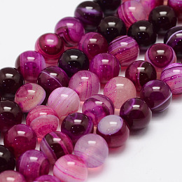 Honeyhandy Natural Striped Agate/Banded Agate Bead Strands, Round, Grade A, Dyed & Heated, Deep Pink, 10mm, Hole: 1mm, about 37~38pcs/strand, 14.5 inch