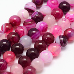 Honeyhandy Natural Striped Agate/Banded Agate Bead Strands, Round, Grade A, Dyed & Heated, Deep Pink, 4mm, Hole: 1mm, about 95pcs/strand, 14.5 inch