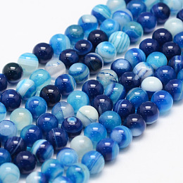 Honeyhandy Natural Striped Agate/Banded Agate Bead Strands, Round, Grade A, Dyed, Dodger Blue, 6mm, Hole: 1mm, about 62~63pcs/strand, 14.5 inch