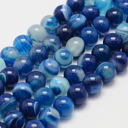 Honeyhandy Natural Striped Agate/Banded Agate Bead Strands, Round, Grade A, Dyed, Dodger Blue, 8mm, Hole: 1mm, about 47~48pcs/strand, 14.5 inch