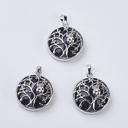 Honeyhandy Natural Black Agate Pendants, with Brass Findings, Flat Round with Tree of Life, Platinum, 31~32x27x8~9mm, Hole: 5x7mm