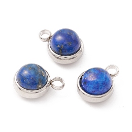 Honeyhandy Natural Lapis Lazuli Charms, with 304 Stainless Steel Findings, Half Round, Stainless Steel Color, 13.5x10x7.5mm, Hole: 2.5mm