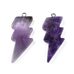 Honeyhandy Natural Amethyst Pendants, Lightning Bolt Charm, with Stainless Steel Color Tone 304 Stainless Steel Loops, 40~44.5x17~20x4.5~6mm, Hole: 2mm