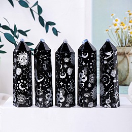 Honeyhandy Natural Black Obsidian Pointed Prism Bar Home Display Decoration, Healing Stone Wands, for Reiki Chakra Meditation Therapy Decos, Moon Star Print Faceted Bullet, Silver, 70~80mm