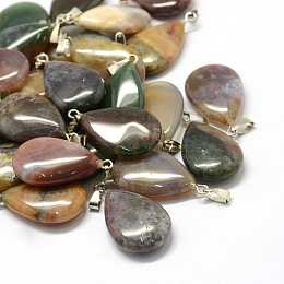 Honeyhandy Teardrop Natural Indian Agate Pendants, with Platinum Tone Brass Findings, 25~29x16~17x5~6mm, Hole: 2x7mm