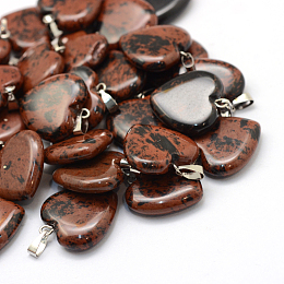 Honeyhandy Heart Natural Mahogany Obsidian Pendants, with Platinum Tone Brass Findings, 20~22x20~21x5~8mm, Hole: 2x7mm