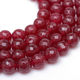 Honeyhandy Natural White Jade Bead Strands, Dyed, Faceted, Round, FireBrick, 8~9mm, Hole: 1mm, about 46pcs/strand, 14.76~14.96 inch(37.5~38cm)