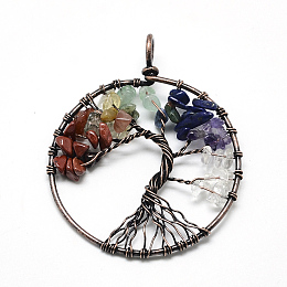 Honeyhandy Natural/Synthetic Mixed Stone Chip Big Pendants, with Brass Wires, Tree, Red Copper, 62~65x48~53x5~10mm, Hole: 4mm